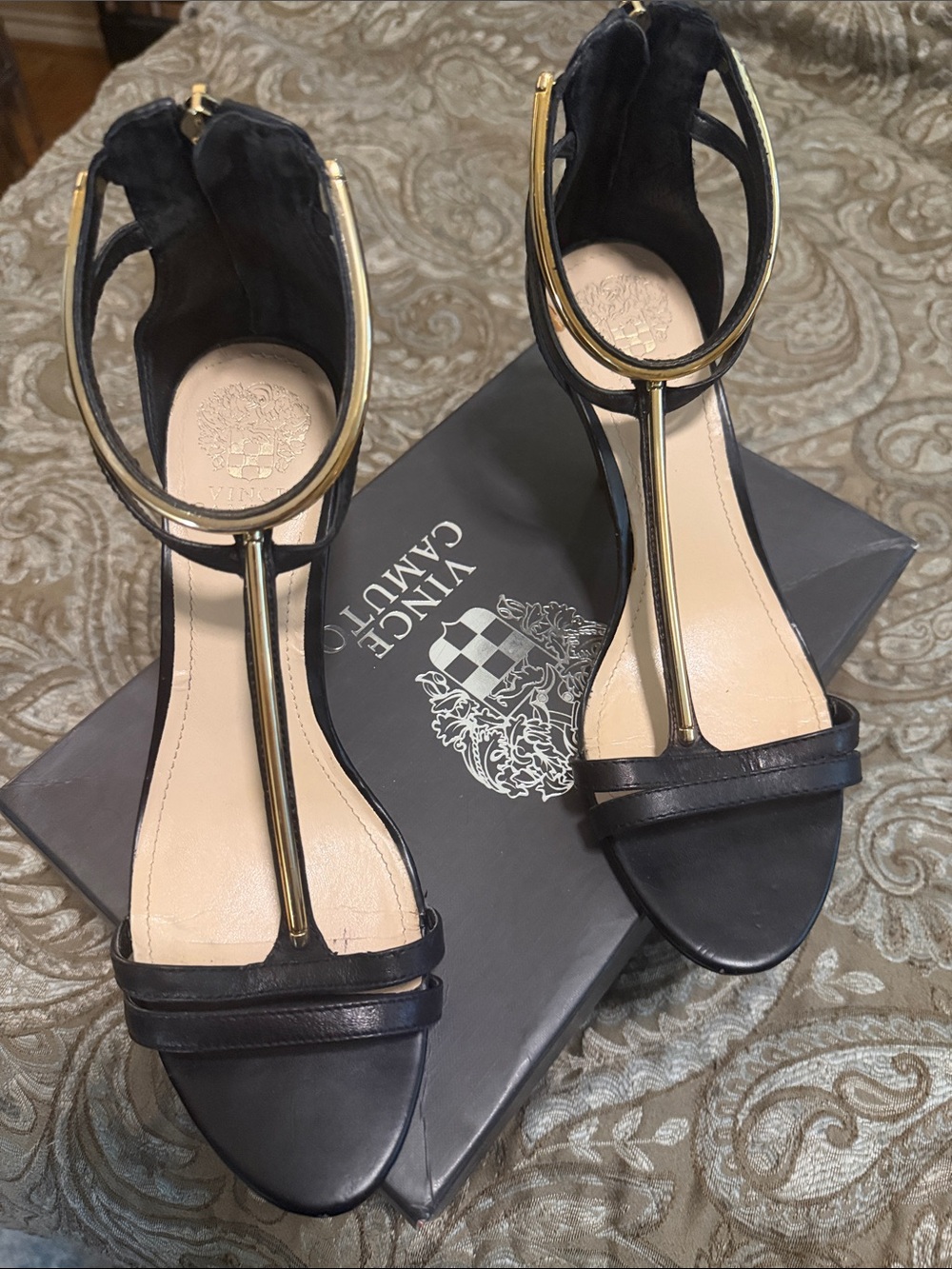 Vince Camuto Black Leather T-Strap Sandals with Gold T-Bar